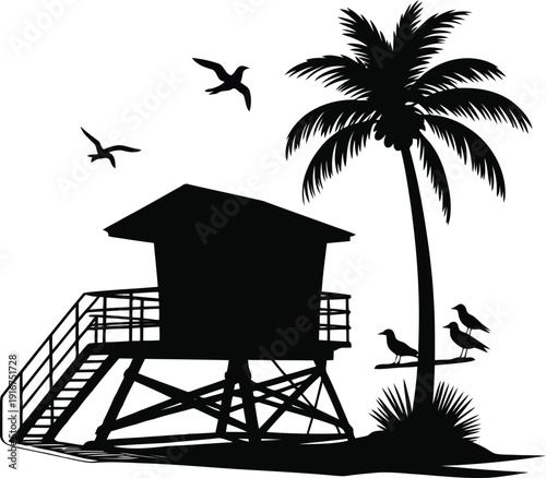 A lifeguard tower on a beach with a palm tree