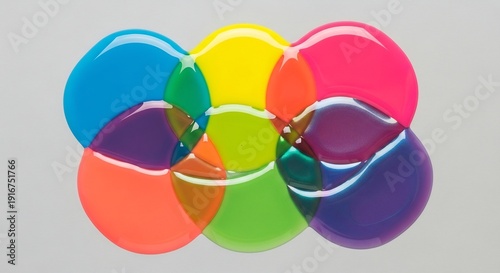 Vibrant Overlapping Paint Drops Creating a Spectrum of Colors on a White Background.