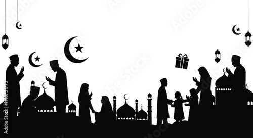ramadan islamic community gathering family silhouette mosque crescent moon star lantern gift people praying black white vector scene
