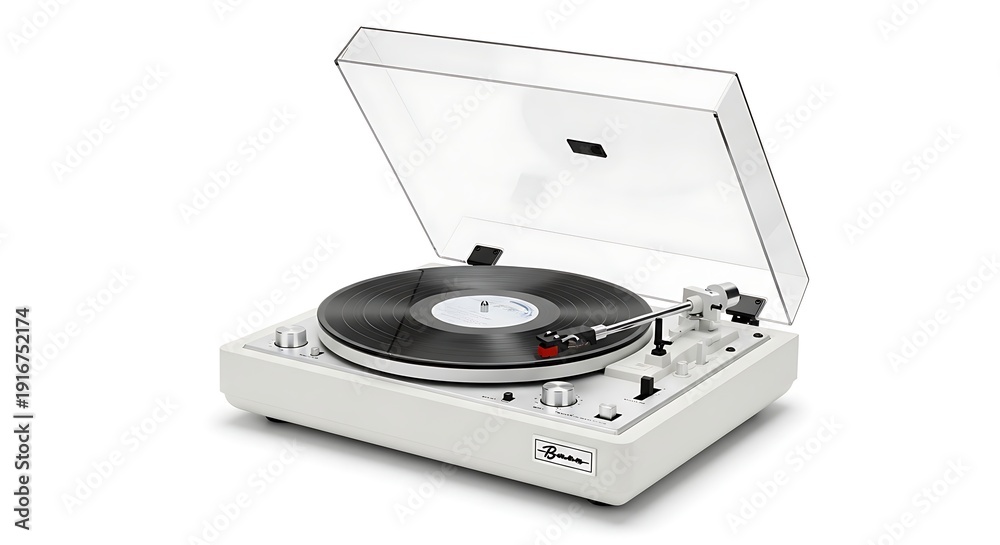 Fototapeta premium Vintage white record player turntable isolated on white background with shadow. AI Generated.