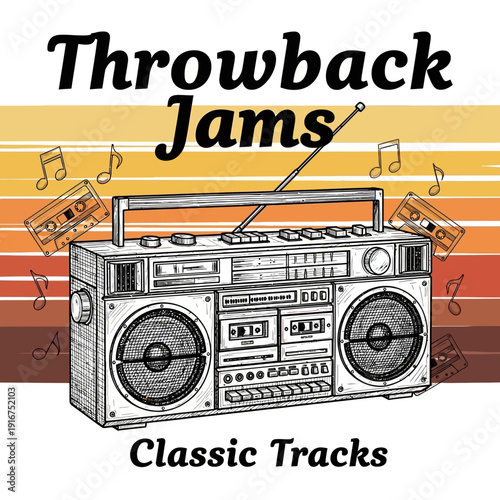 Retro Boombox with Cassette Tapes and Musical Notes, Throwback Jams Classic Tracks