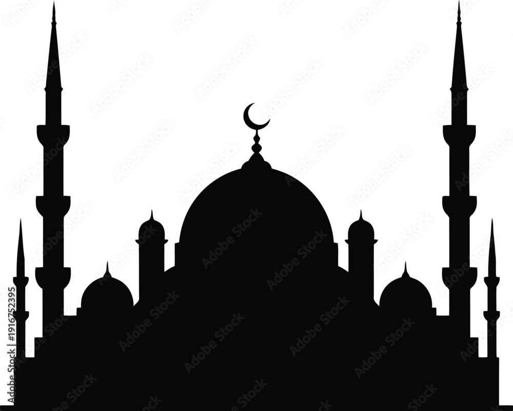 Fototapeta premium A black silhouette of a mosque with minarets and a crescent moon