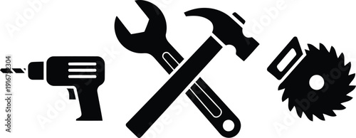 Black silhouette icons of drill hammer wrench and saw on white tools
