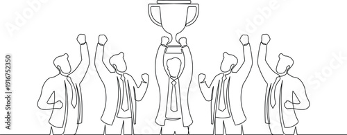 Single line drawing of business team celebrating success and achievement holding trophy award cup