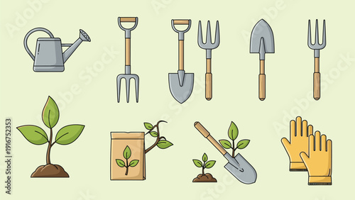 Comprehensive collection of essential gardening tools and young plants, including watering cans, shovels, and sprouts, ideal for horticulture and cultivation.