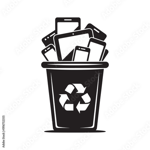 Discarded mobile phones and tablets overflowing from a recycling bin