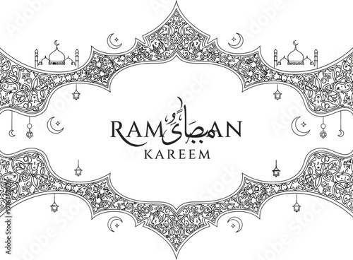 Intricate black and white design for ramadan kareem greeting card with arabic calligraphy and lanterns.