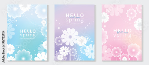 Spring flowers poster vector set. Botanical pastel gradient background and  white floral design for spring and summer sale ads, invitation backgrounds, cards, branding, packaging and wall decoration.