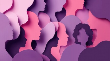 Abstract paper cut silhouettes of women's faces. Layered 3D illustration in pink and purple tones. International Women's Day concept representing diversity and unity