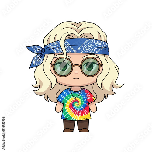 Cute Chibi Hippie Character with Tie-Dye Shirt and Bandana