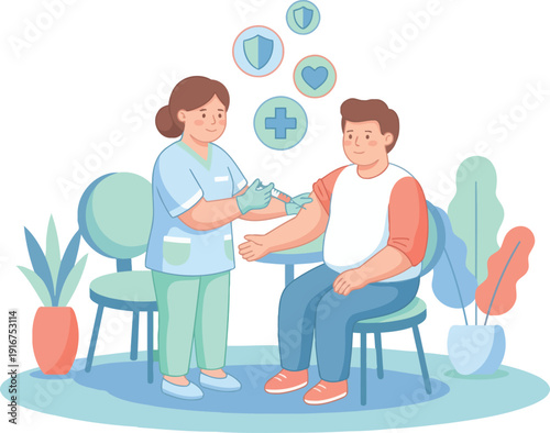 Nurse administering vaccine to a patient, depicting vaccination, immunization, and preventative healthcare
