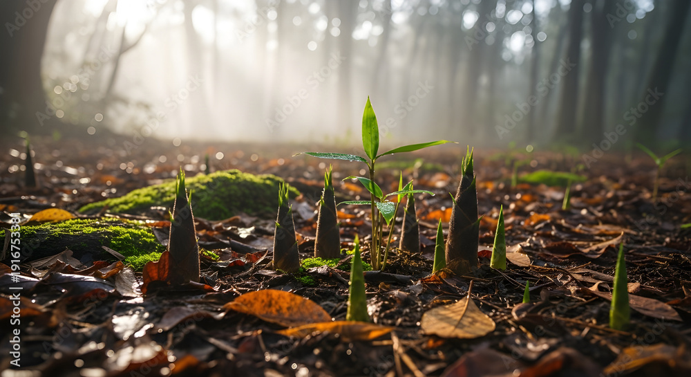 Obraz premium New plant growth emerging in a misty forest with sunlight filtering through trees