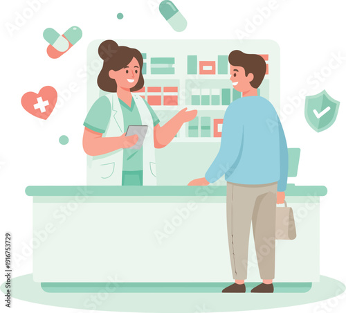 Pharmacist and customer at counter, discussing medication and prescriptions in a bright pharmacy