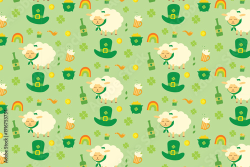 St. Patrick's Day Seamless Pattern and Wrapping Paper Design with Clover, Leprechaun Hat, Beer, and Sheep on Green Background for Irish Festival Celebration, Textile, and Gift Wrap Decor