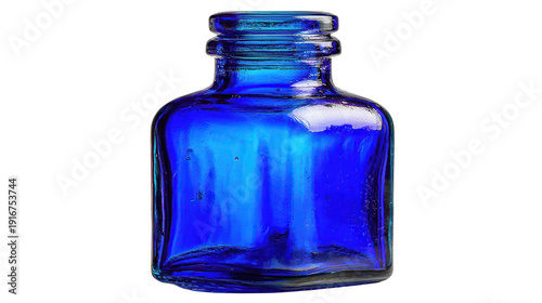Close-up of a vibrant royal blue glass bottle neck with textured pattern and threaded opening, Evoking vintage charm, craftsmanship, , isolated on transparent backgrounded