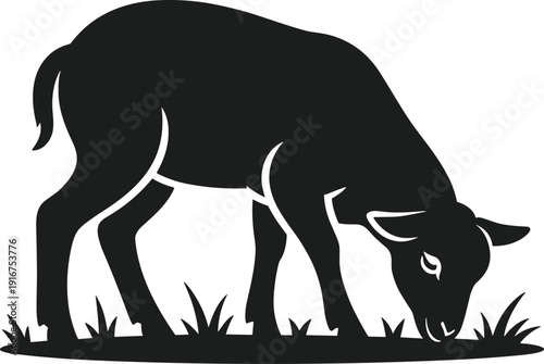 Black silhouette of a lamb grazing on grass sheep animal