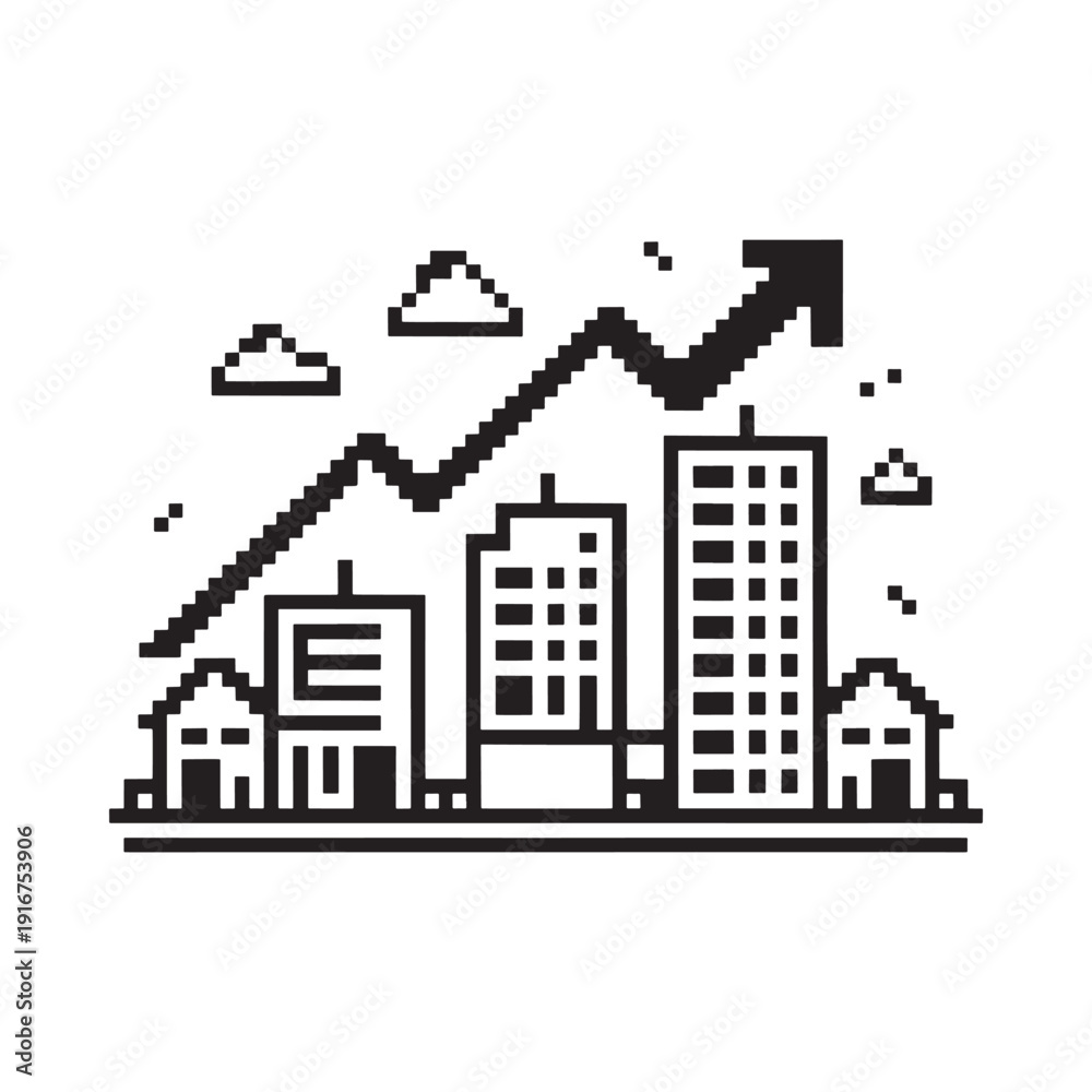 Obraz premium City skyline with upward trending arrow representing growth and progress