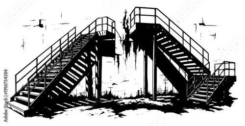 Damaged industrial stairs and scaffolding in a post apocalyptic or abandoned factory setting