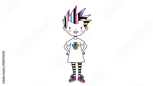 Stylized stick figure girl with vibrant spiky, striped hair and a unique dress, confidently standing, symbolizing individuality and creative expression.