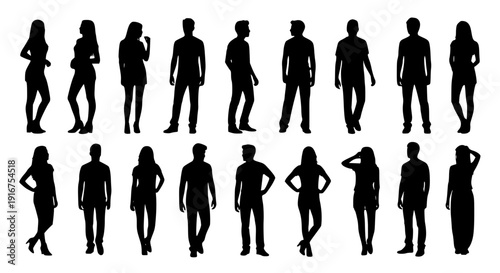 Vector silhouettes man and women, illustration. Silhouettes of young people posing in casual clothes. Transparent background SVG version.