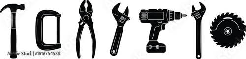 Essential hand tools and power tools in silhouette Keywords: hammer, clamp, pliers, adjustable