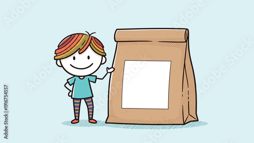 Happy stick figure boy with colorful hair, cheerfully standing beside a large brown paper bag with a blank white label, symbolizing shopping or gifts.