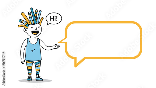 Stylized boy with vibrant colorful dreadlocks, cheerfully waving and saying "Hi!" next to a large empty speech bubble, ready for a custom message.
