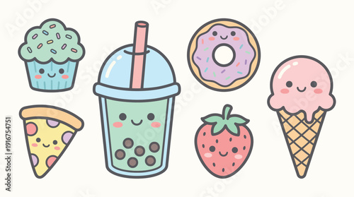 Collection of cute cartoon food and drink items with smiling faces, including a cupcake, bubble tea, donut, ice cream, pizza, and strawberry.
