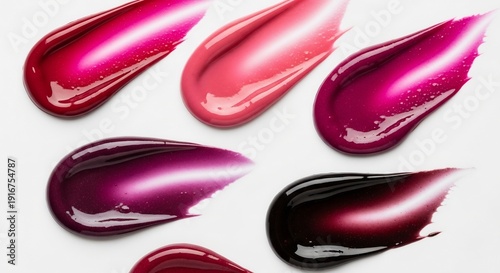 Vibrant Swatches of Lip Gloss and Liquid Lipstick on White Background.