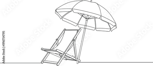 Continuous one line drawing of a beach deck chair and umbrella for summer vacation and relaxation