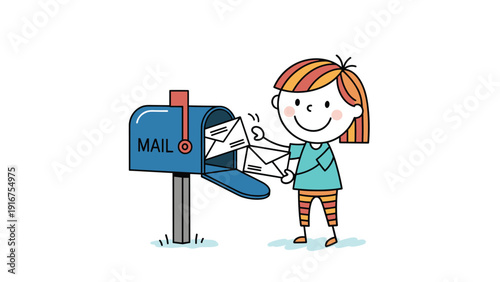 Cheerful cartoon girl places multiple letters into a traditional blue mailbox, symbolizing sending mail, communication, and postal services.