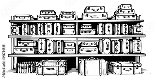 Wooden shelves filled with many vintage suitcases and retro luggage in hand drawn sketch style