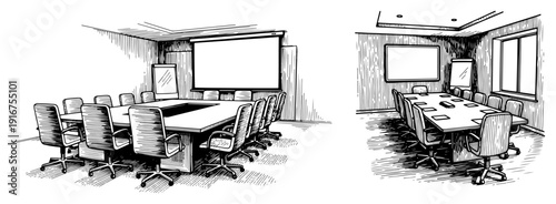 Professional conference room interior with large meeting table and chairs in hand drawn sketch style