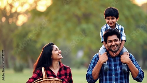 Indian Family Enjoying Picnic in Park with Lush Green Background, Happy Moments of Father Carrying Son While Mother Smiles, Warm and Joyful Scene.

