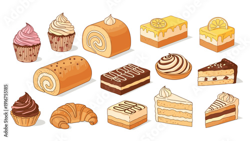 Assortment of delectable baked goods and pastries, including cupcakes, Swiss rolls, cakes, and croissants, showcasing sweet treats.