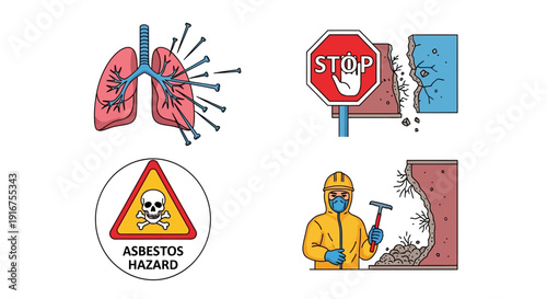 Asbestos hazard warning signs and safety measures illustration