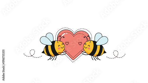 Two adorable cartoon bees lovingly hold a prominent pink heart, symbolizing affection, partnership, and a sweet bond.