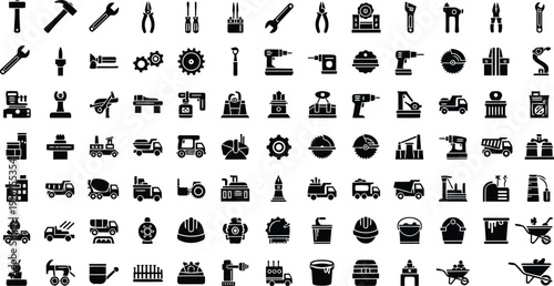 Large Grid of Black Silhouette Icons for Construction and Industry hammer wrench