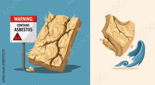 Asbestos warning sign with cracked stone and eroding material