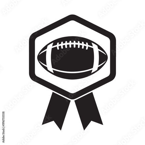 American football icon within a hexagonal frame with ribbon detail