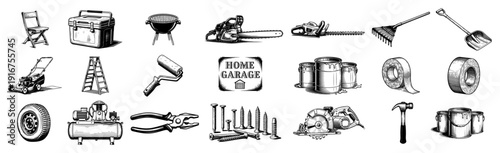 Home garage and garden tools icons collection in vintage woodcut engraving style