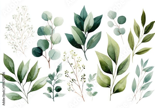 Watercolor depiction of various green leaves and sprigs, isolated on a white backdrop