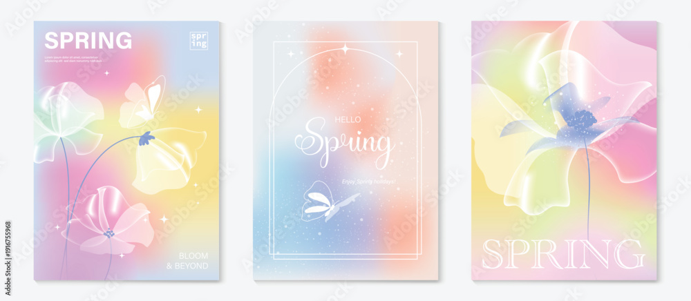 Obraz premium Spring flowers poster vector set. Botanical pastel gradient background and white floral design for spring and summer sale ads, invitation backgrounds, cards, branding, packaging and wall decoration.