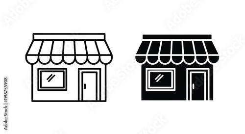 Storefront with awning in simple line art style in black and white for