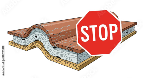 Stop road sign on damaged asphalt road surface