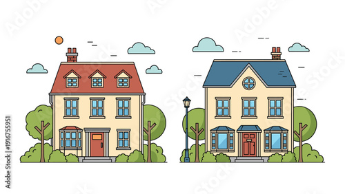 Two distinct residential houses with well-maintained gardens and trees, featuring classic architectural styles and a serene setting.