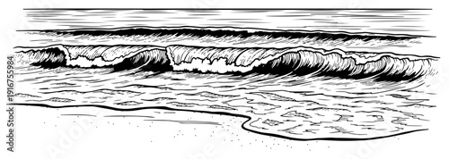 Hand drawn vintage engraving of ocean waves breaking on a sandy beach shore