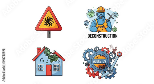 Asbestos removal warning sign and deconstruction worker illustration