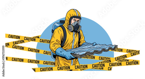 Hazardous materials worker in protective gear handling contaminated materials with caution tape