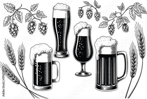 Large collection of hand drawn beer glasses vector sketches featuring foaming mugs wheat and hops.
